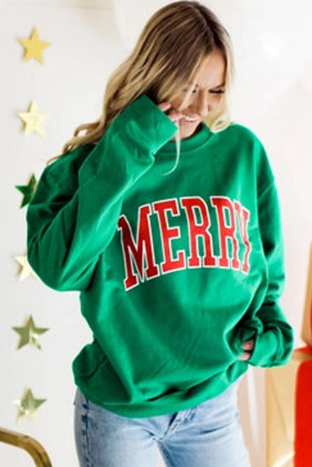 Green Lucky Letter Embroidery Print Drop Sleeve Sweatshirt