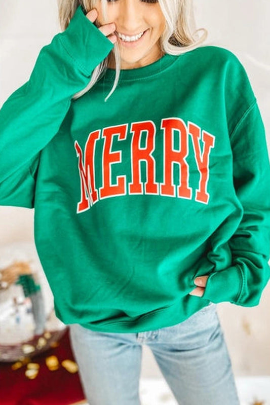 Green Lucky Letter Embroidery Print Drop Sleeve Sweatshirt
